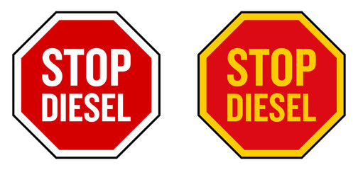 No diesel sign. STOP roadsign shape icon with text in it. White and yellow version.