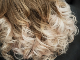 Gradient color on women's curly hair. Close up.