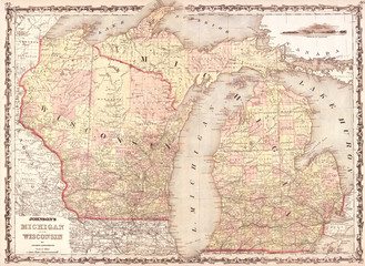 1862, Johnson Map of Wisconsin and Michigan