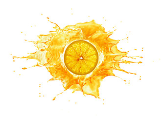 Splash with orange slice in the middle. Backlit. on white background.