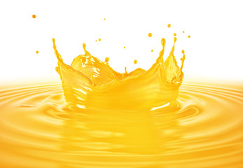 Orange juice crown splash with ripples. On white background.