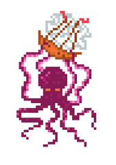 Obraz premium Giant octopus attacking ship, pixel art character isolated on white background. The kraken, legendary sea monster, 8 bit illustration. Old school retro 80s-90s slot machine/video game graphics.