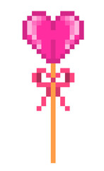 Pink heart-shaped lollipop on a stick decorated with a ribbon bow, pixel art icon isolated on white background. Valentine's day sweet treat. Candy shop logo. 8 bit slot machine/video game graphics.