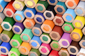 Color pencils, macro. Bright background. Stationery for drawing.	