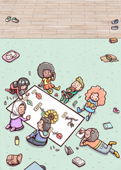 Group of children doing botany homework on the floor – vertical