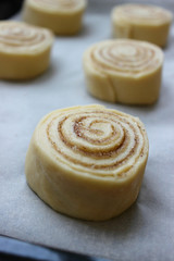 Beautiful fresh cinnamon rolls. The cooking process. Fresh fragrant pastries. Raw dough for buns.Close up.