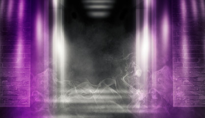 Background of an empty building with brick walls, illuminated by spotlights. View of open elevator doors. Neon light smoke.