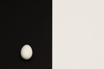 Contrast is black and white. White chicken egg on black background. Minimalism style.