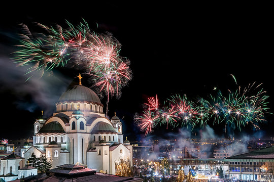Belgrade, Serbia - January 14, 2019: Orthodox New years eve celebration with fireworks over the Church of Saint Sava at midnight in Belgrade, Serbia