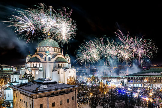 Belgrade, Serbia - January 14, 2019: Orthodox New years eve celebration with fireworks over the Church of Saint Sava at midnight in Belgrade, Serbia