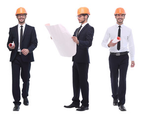 in full growth .successful architect engineer in orange helmet.