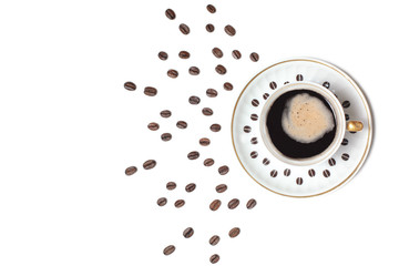 Cup of coffee with  coffee beans picture on white table