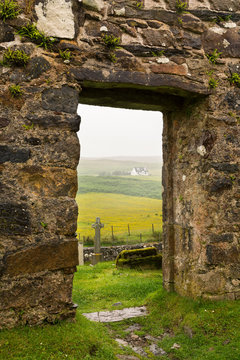 The ruins of Cill chriosd on Isle of Skye in mist