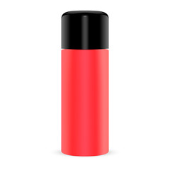 Cosmetic Tin for Dry Powder Shampoo. Aerosol Spray. Metal Cylinder Container. Deodorant or Refresher Aluminum Packaging. Red Canister with Black Shiny Plastic Cap. Metal Freshener Can.