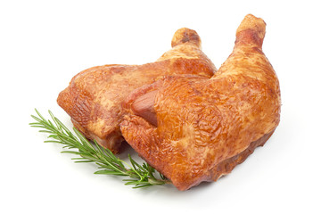 Tasty Smoked Chicken Legs with Rosemary, closeup, isolated on a white background