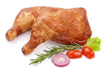Smoked Chicken Leg Quarters with herbs and tomatoes, closeup, isolated on a white background