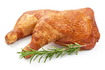 Smoked Chicken Leg Quarters with Rosemary, closeup, isolated on a white background