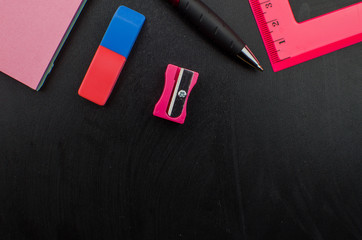 School office supplies including board. Copy space for text