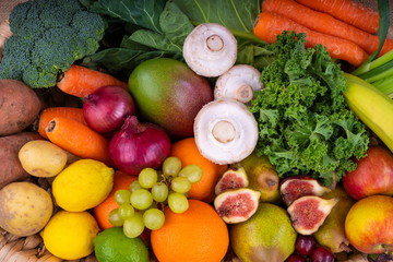 Fresh Fruit and Vegetable. Basket of fresh fruit and vegetables, promoting healthy eating.