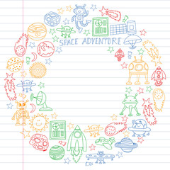 Vector set of space elements icons in doodle style. Painted, colorful, pictures on a piece of linear paper on white background.