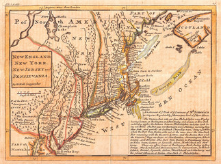 Naklejka premium 1729, Moll Map of New York, New England, and Pennsylvania, First Postal Map of New England