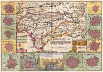 Fototapeta na wymiar 1747, La Feuille Map of Andalusia, Spain, Sevilla