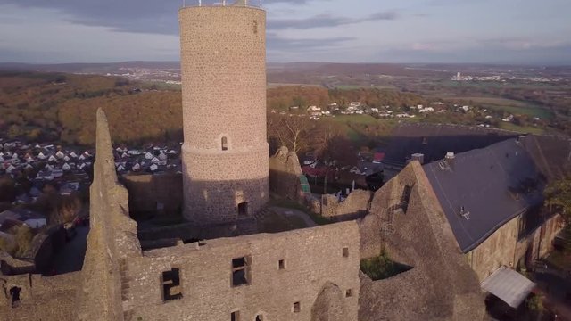 Aerial View Medieval Fort Ruins Gleiberg Wettenberg Germany Camera Turning Around Wide Shot