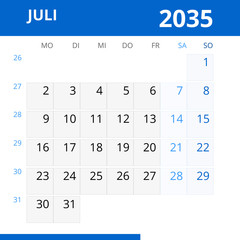 Monatskalender JULI 2035 mit Kalenderwoche in der Farbe blau