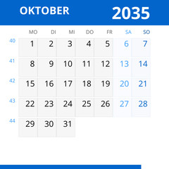 Monatskalender OKTOBER 2035 mit Kalenderwoche in der Farbe blau