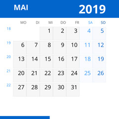 Monatskalender MAI 2019 mit Kalenderwoche in der Farbe blau