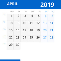 Monatskalender APRIL 2019 mit Kalenderwoche in der Farbe blau