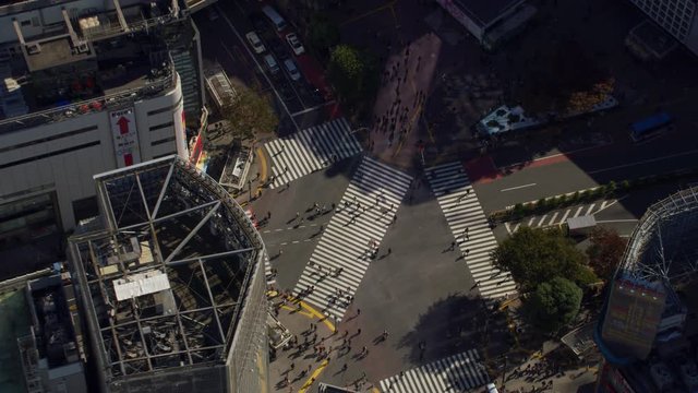 Tokyo, Japan circa-2018.  Aerial view of Shibuya Crossing, Tokyo, Japan. Shot from helicopter with RED camera.