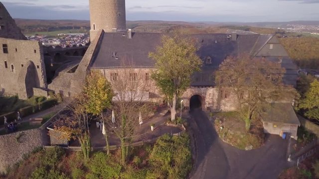 Aerial View Medieval Fort Ruins Gleiberg Wettenberg Germany Camera Turning Around Wide Shot