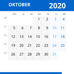 Monatskalender OKTOBER 2020 mit Kalenderwoche in der Farbe blau