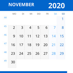 Monatskalender NOVEMBER 2020 mit Kalenderwoche in der Farbe blau