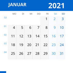 Monatskalender JANUAR 2021 mit Kalenderwoche in der Farbe blau