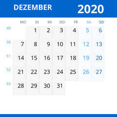 Monatskalender DEZEMBER 2020 mit Kalenderwoche in der Farbe blau