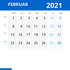 Monatskalender FEBRUAR 2021 mit Kalenderwoche in der Farbe blau