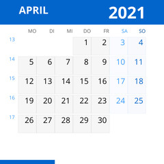 Monatskalender APRIL 2021 mit Kalenderwoche in der Farbe blau