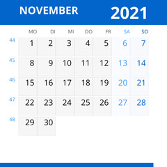 Monatskalender NOVEMBER 2021 mit Kalenderwoche in der Farbe blau