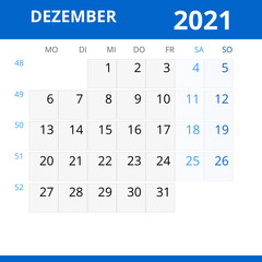 Monatskalender DEZEMBER 2021 mit Kalenderwoche in der Farbe blau