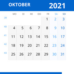Monatskalender OKTOBER 2021 mit Kalenderwoche in der Farbe blau