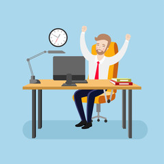 Happy businessman is sitting at the table in the office, rejoicing in success with his hands up. Flat illustration for design.