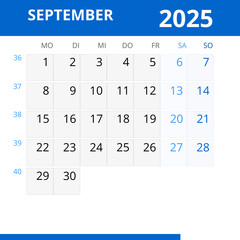 Monatskalender SEPTEMBER 2025 mit Kalenderwoche in der Farbe blau