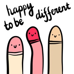 Happy to be different hand drawn illustration with colorful penises smiling