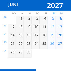 Monatskalender JUNI 2027 mit Kalenderwoche in der Farbe blau