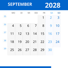 Monatskalender SEPTEMBER 2028 mit Kalenderwoche in der Farbe blau