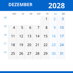 Monatskalender DEZEMBER 2028 mit Kalenderwoche in der Farbe blau