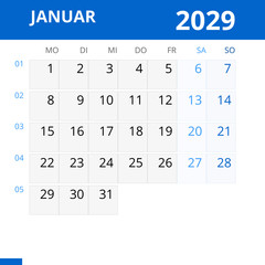 Monatskalender JANUAR 2029 mit Kalenderwoche in der Farbe blau