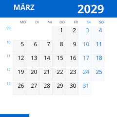 Monatskalender MÄRZ 2029 mit Kalenderwoche in der Farbe blau